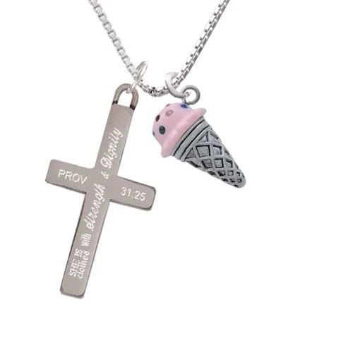 3-D Resin Strawberry Ice Cream Cone with Crystals - Strength and Dignity - Cross Necklace (1)
