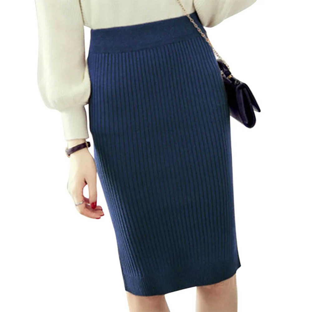 Модные осень-зима Для женщин трикотажные Юбки-карандаши стрейч Высокая талия длиной до колена зауженное офис, женское облегающее длинная юбка HSJ88 - Цвет: 3