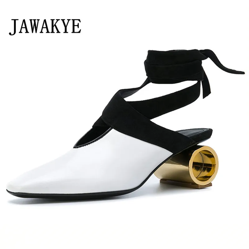 

2019 Retro Genuine Leather Metal Strange Kitten heels Women Sandals Square Toe Ankle Strap Ladies Party Shoes Sandalia feminina