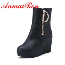 ANMAIRON/Новое поступление; модные Демисезонные ботинки; женская обувь на танкетке с круглым носком; ботинки до середины икры на платформе; женская обувь из мягкой кожи
