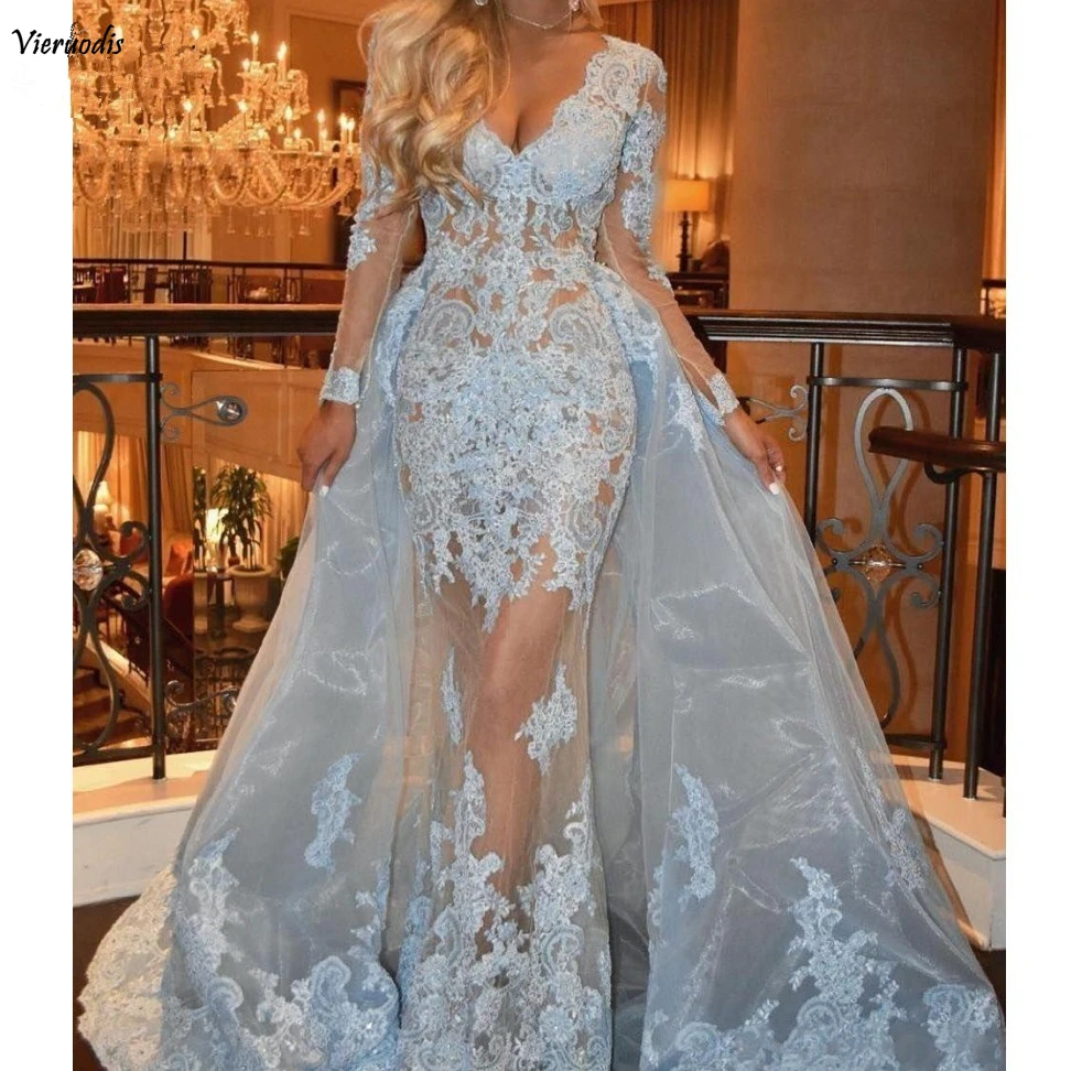 

Blue Evening Dresses 2019 Mermaid V-neck Long Sleeves Tulle Lace Illusion Saudi Arabic Long Evening Gown with Train Prom Dress