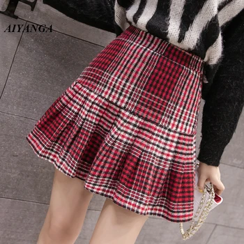 

New Warm Woolen Skirts For Women 2018 Autumn Winter Skirts Female Plaid Skirt Preppy Style High Waist Mini A-Line Skirt Women