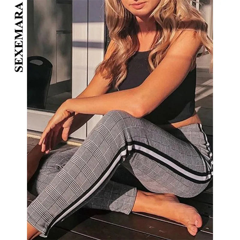 

BOOFEENAA Side Stripe Spliced Houndstooth Casual Pants Women Fall 2019 Fashion High Waist Skinny Trousers Streetwear C76-AD35