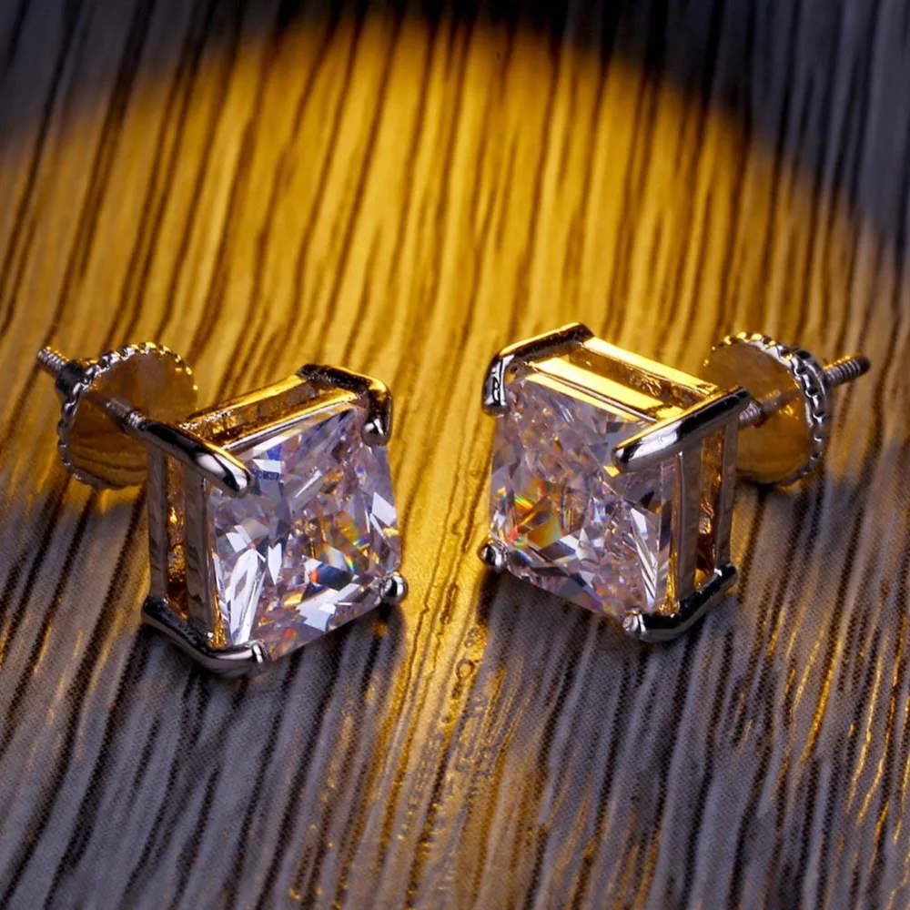 Missfox Hiphop 24k Gold Plated Fashion Diamond Ear Rings Square