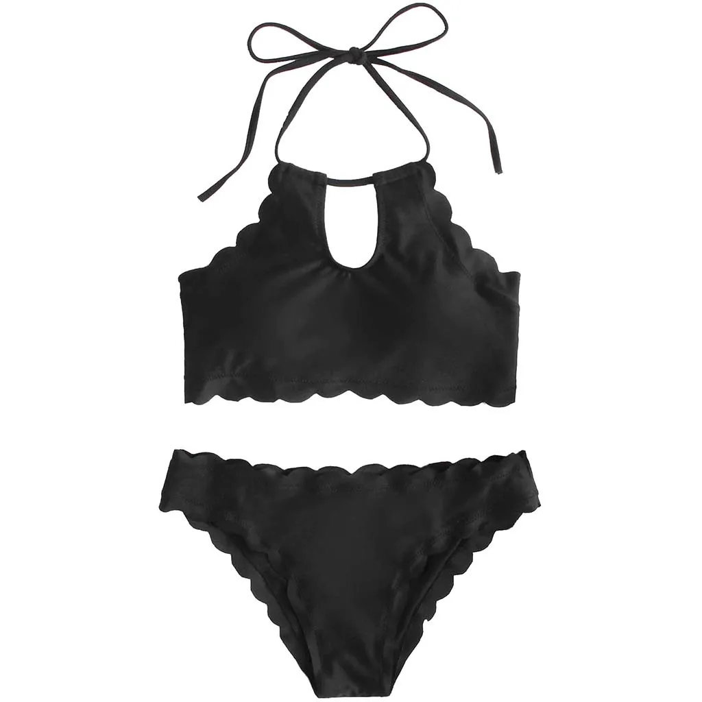 Женская печать бандаж, с низкой талией Высокая шея сплошной Цвет черный бикини с подкладкой набор бразильский купальники рюшами пляжная раздельный костюм для плавания