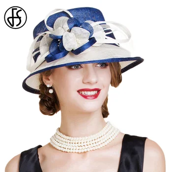 FS British Blue White Sinamay Wedding Hat For Women Elegant Church Flower Wide Brim Fedoras 2019 Linen Kentucky Derby Hat Lady multi brimmed sinamay hat