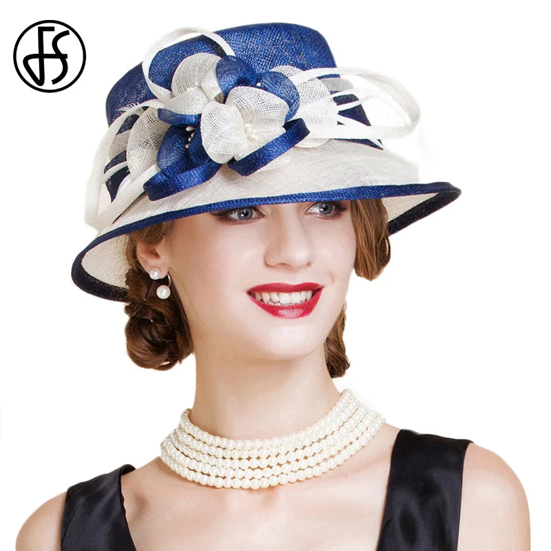 Sombrero de boda de Sinamay británico para mujer Iglesia Flor de ala ancha azul blanco Lino Fedora elegante 2018 mujeres Kentucky Derby H - 1