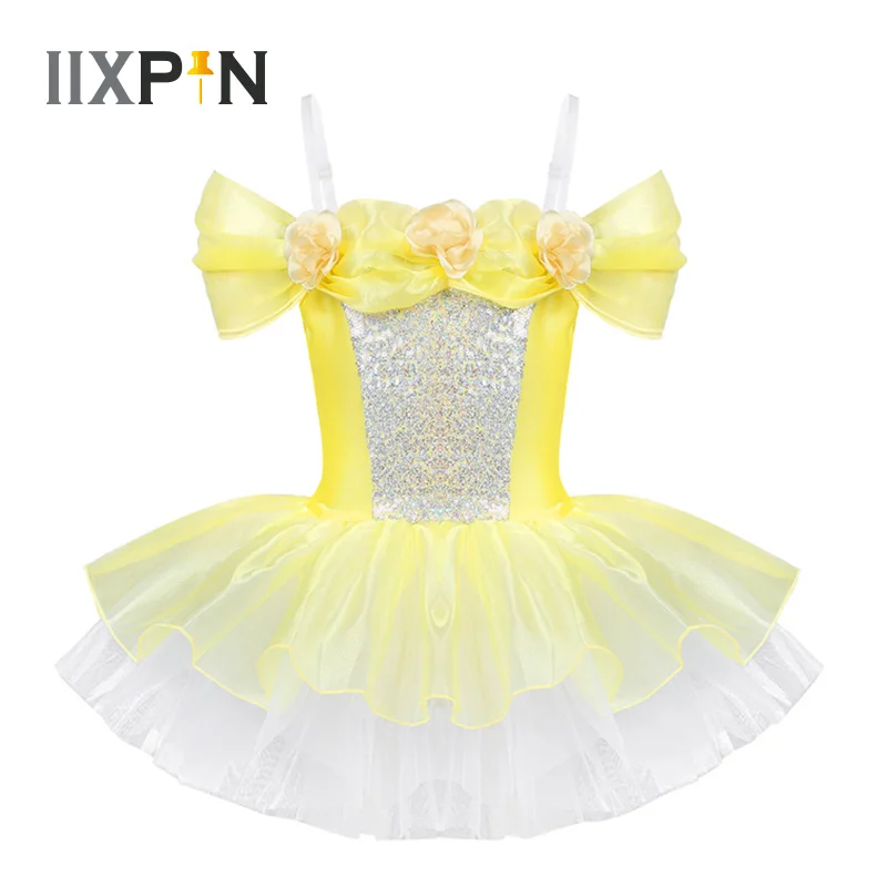 

IIXPIN Girls ballet dress ballerina dance clothing dancewear Off Shoulder Design 3D Flowers Gymnastics Leotard Ballet Tutu Dress