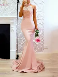 Elegant Pink Halter Neck Mermaid Women Evening Dresses 2019 New Satin Sexy Backless Appliques Lace Formal Gowns vestido de festa Elegant Pink Halter Neck Mermaid Women Evening Dresses 2019 New Satin Sexy Backless Appliques Lace Formal Gowns vestido de festa