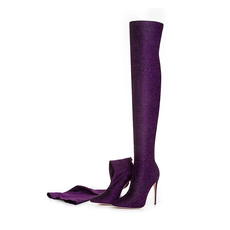 Сезон осень-зима; пикантные Женские Сапоги выше колена из эластичной ткани с блестками; обувь на тонком высоком каблуке; женские сапоги до бедра; WB1400 - Цвет: Purple