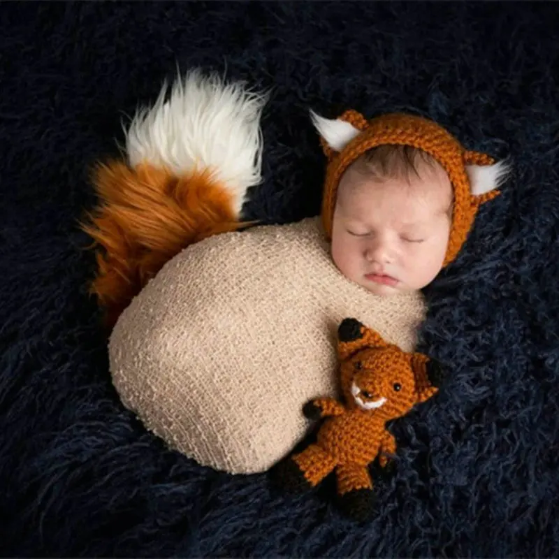 

2pcs/set Newborn Baby Photography Props Shoot Fox Crochet Knitting Costume Hat+Fox Dolls Photo Wrap Matching Accessories Clothes