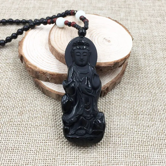 

A-74 Vintage China Hand-Carved Kwan-yin Natural Grade A Obsidian Jade Pendant