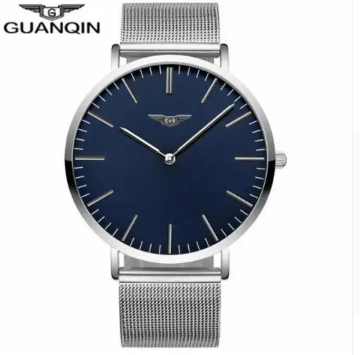GUANQIN модный мужской роскошный бренд часов ультра тонкие кварцевые часы для мужчин простой водонепроницаемый кожаный ремешок наручные часы Relogio Masculino - Цвет: silver blue