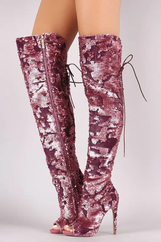 

Chmaori Woman Bling Bling Glitter Decorated High Heels Over-the-knee Boots Ladies Open Toe Cross-strap Long Boots Runway Shoes