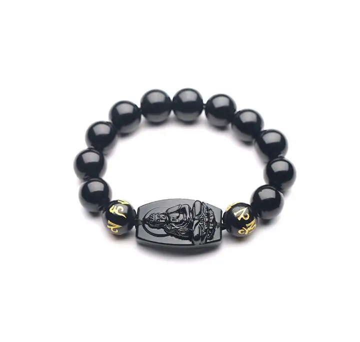 10 мм высокое качество натуральный черный Обсидиан Резной Будда Лаки амулет круглые бусины браслет для женщин мужчин браслет Jad e ювелирные изделия