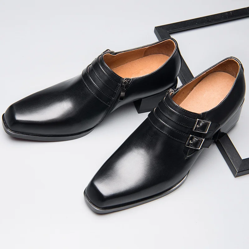 Hot Sale! Men Trendy Heels Full Grain Leather Buckle Belt Pointed Toe Thick Heel Oxfords Business Man Hightened Shoes 5CM