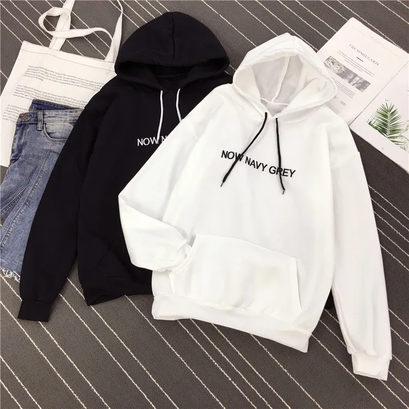  Embroidered letters solid color fashion women's hoodies long-sleeved loose hooded sweatshirts Korea