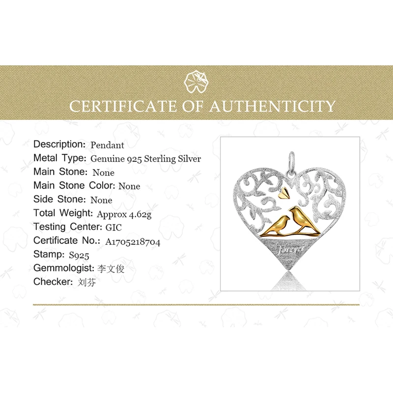 Lotus Fun Real 925 Sterling Silver Handmade Fine Jewelry Romantic Bird in Love Heart Shape Pendant without Chain for Women