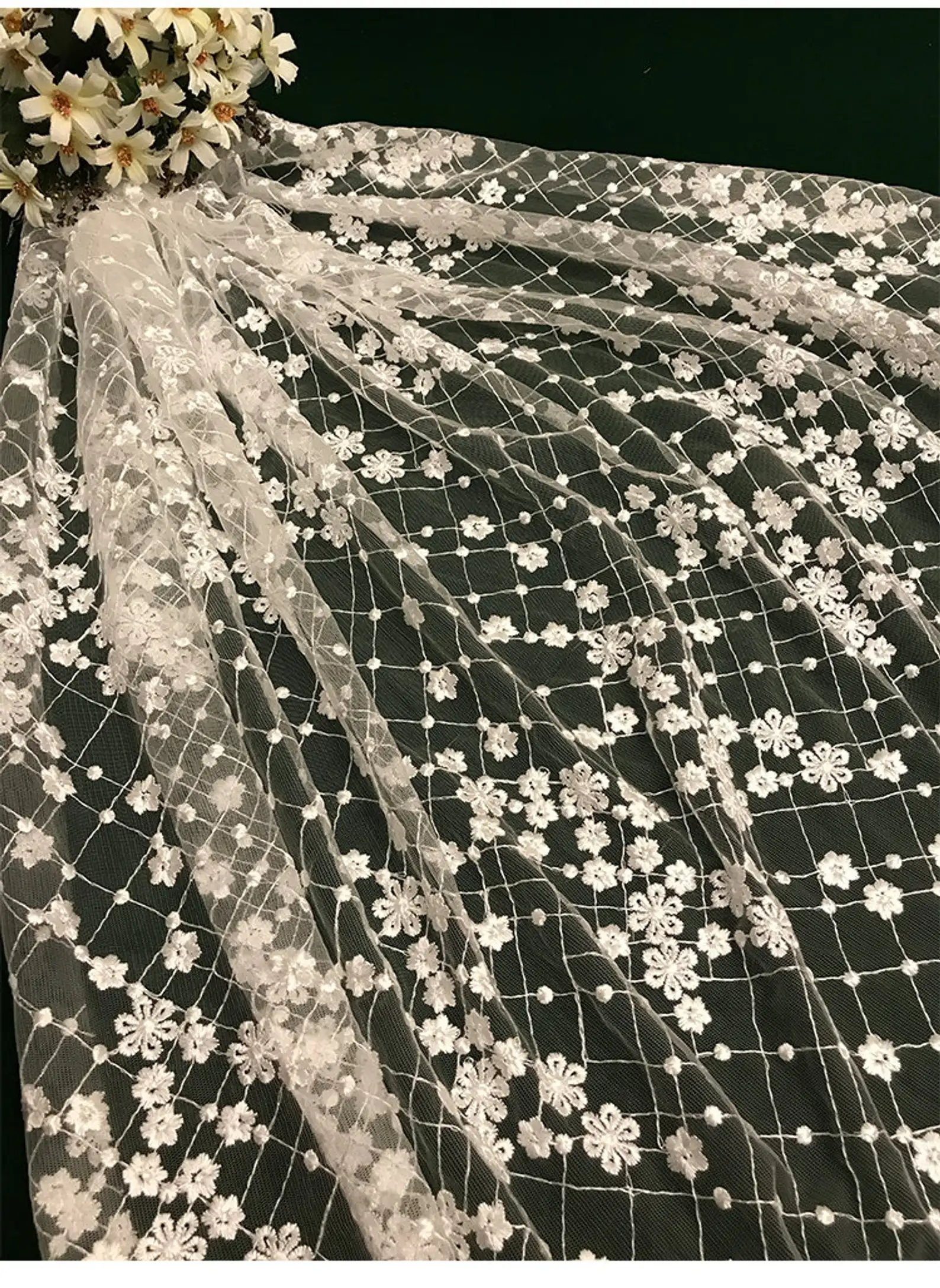 

5 yards Lovely floral embroidery tulle lace fabric in off white, dotted flower girl wedding gown lace fabric lace dress women