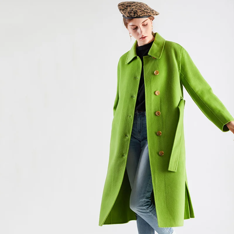 

Shuchan Green Wool Blend Coat Women Autumn Winter 2019 New Items Adjustable Waist Turn-down Collar Single Breasted Outerwear 014
