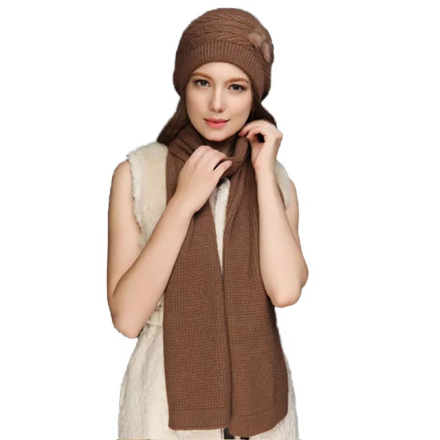 FS Winter Wool Knit Hat Beanie Scarf Set For Women Knitted Skullies