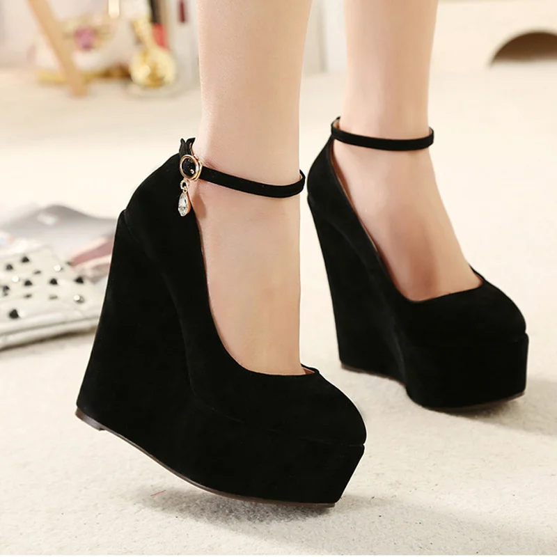 

New Black Red Color Women Wedges Platform Pumps Autumn Flock High Heels Wedding Shoes Customize Small Size 30-34 AWP030