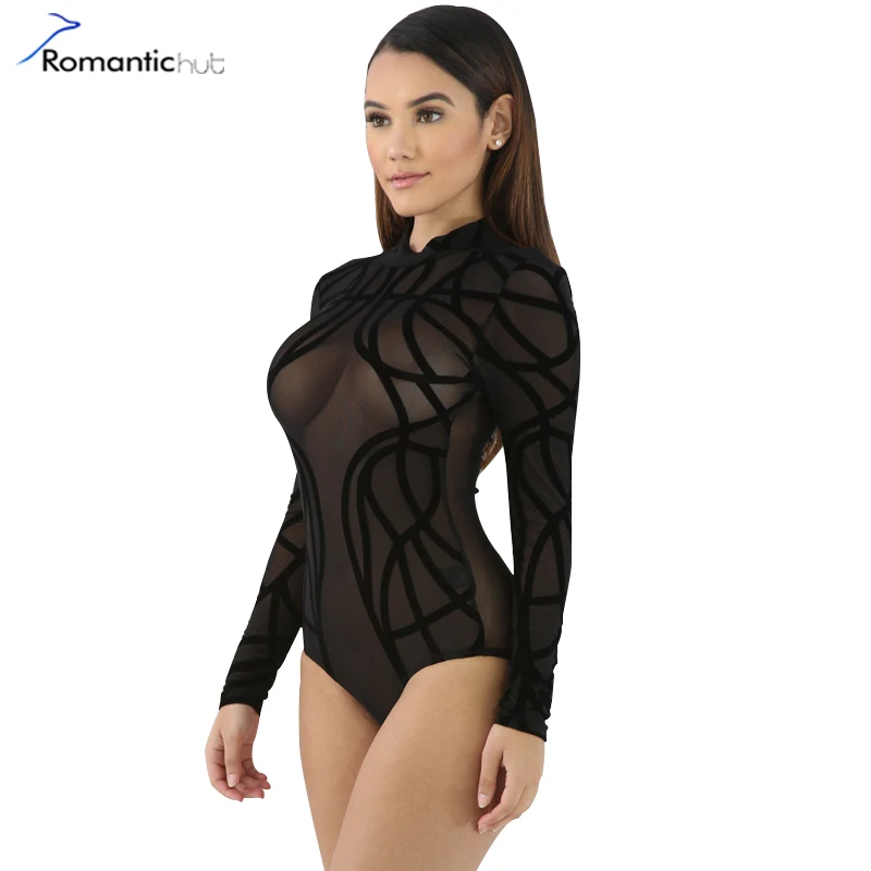 Romantichut комбинезон Для женщин Black Mesh перспектива Флокирование сексуальные