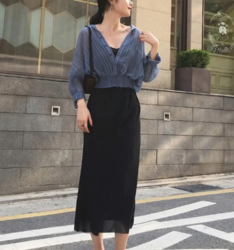 

2019 Women's Dress set two-piece sets summer new lapel Chiffon top and suspender Medium skirt ladies elegant two-piece suit OL