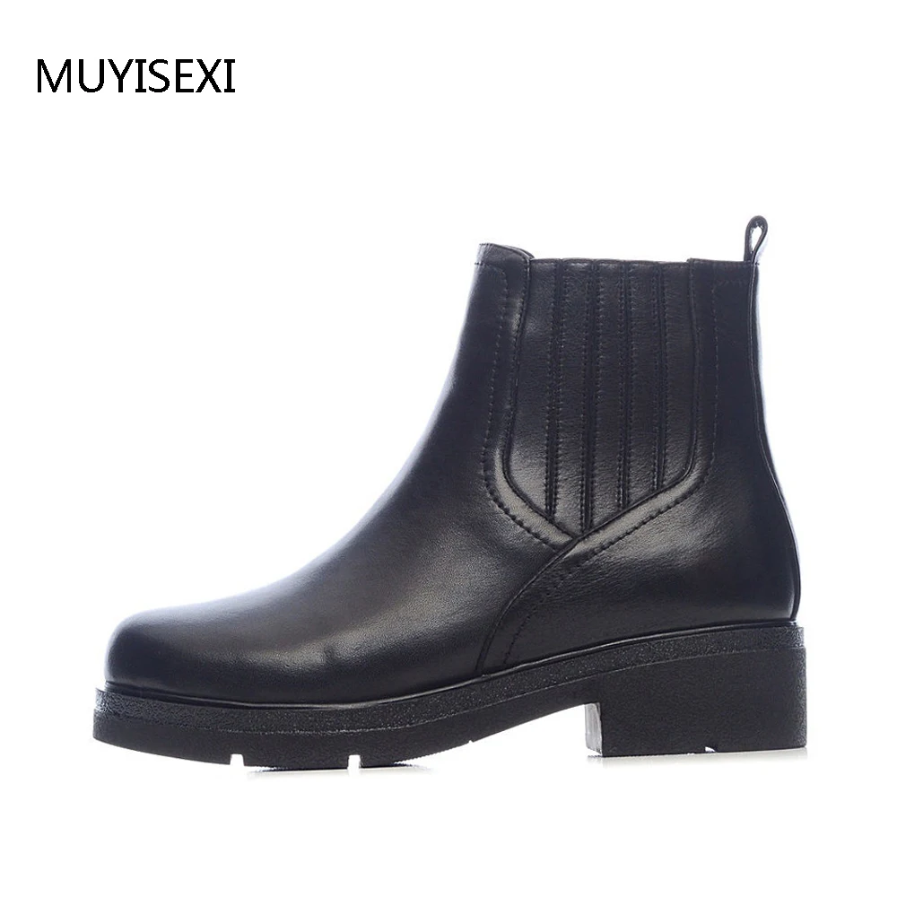 

Wool Fur Chelsea Ankle Boots Zipper Cow Leather Shoes Thick Low Heels Winter Autumn Shoes Black Boots Russia size LID003MUYISEXI