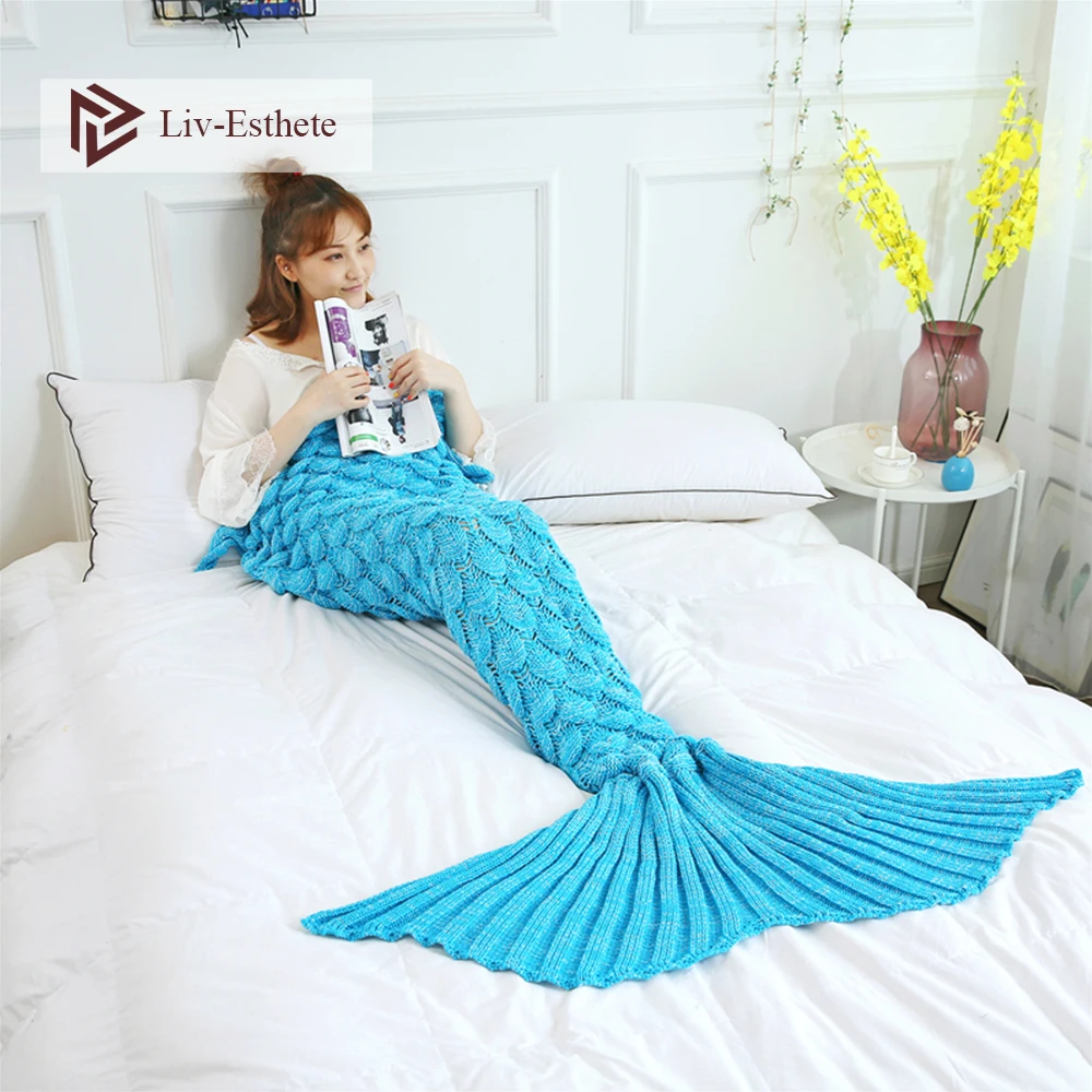 

Liv-Esthete Hot Sale Fashion Knitted Mermaid Tail Blanket Crochet Sleeping Bag For Kids Adult All Season Birthday Christmas Gift