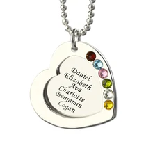 Wholesale Hand Stamped Heart Birthstones Necklace Silver Name Mother Necklace Personalized Kids Name Necklace Mom Jewelry