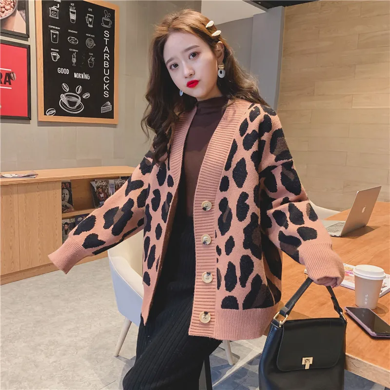 

Kemixiaoxuan New Arrivals Knitted Cardigans Female Leopard Loose Sweater V Neck Long Sleeve Knitwear Woman