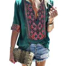 Boho Chic Top blusa camisa suelta de etnia floral impreso Rusia blusa mujeres Tops media manga Top cuello pico camisas vintage Mujer