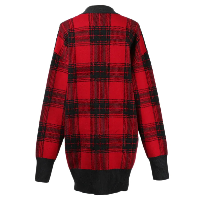 Patchwork Col Plaid Chandail Cardigan Streetwear Gy2018596 Noir Long 2018 Manteau Profond Gruiiceen Femmes En V P80wknO