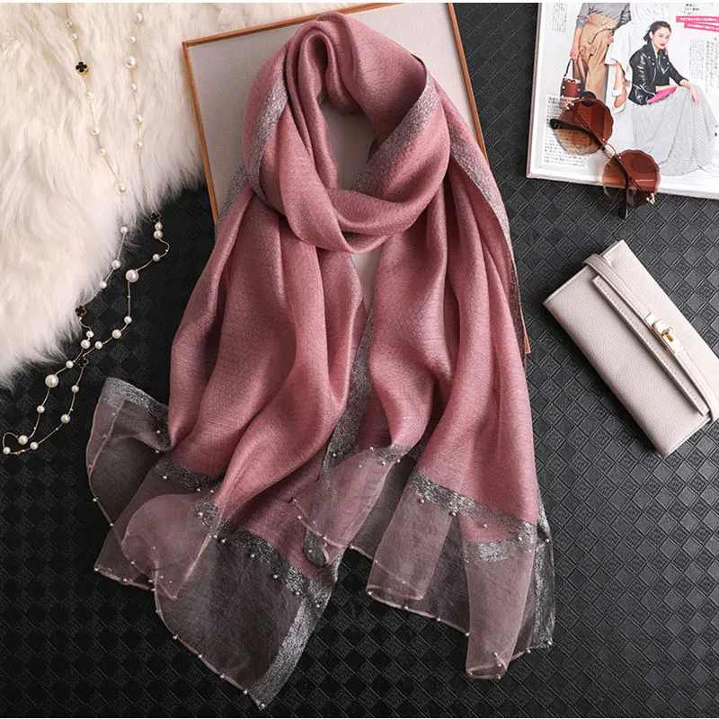 2022 Solid Beading women scarf summer silk scarves lady shawl wrap hijab foulard female bandana pashmina Pearl jewel headband