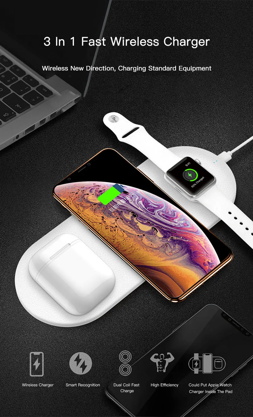 3 в 1 QI Беспроводное зарядное устройство для Apple Watch 5 2 3 4 серии AirPods 2 iPhone X 8 Plus XS 11 Max XR быстрая Беспроводная зарядная док-станция