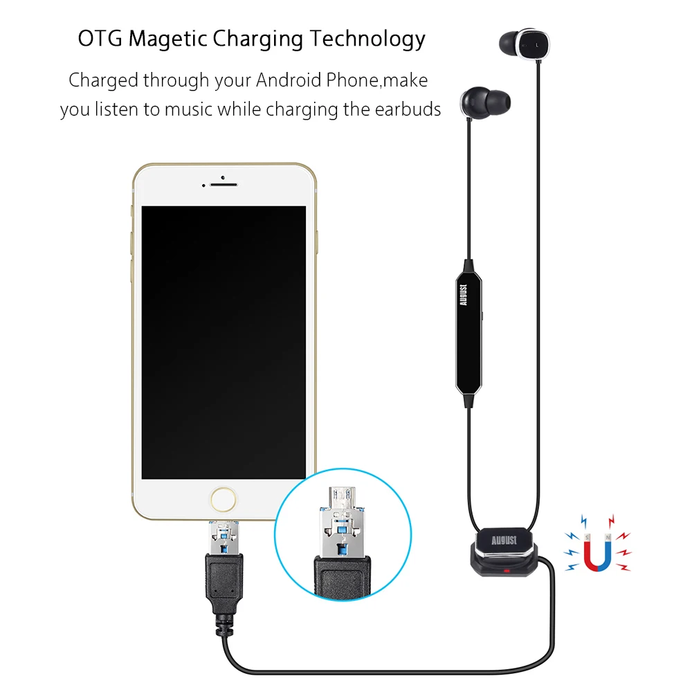 August EP725 Wireless Stereo Bluetooth Headpones Charged through Android Phone