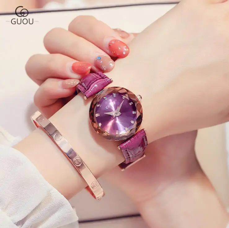 Новые Часы GUOU, модные женские часы, женские часы из натуральной кожи, изысканные бриллиантовые часы, relogio feminino reloj mujer saat - Цвет: Purple
