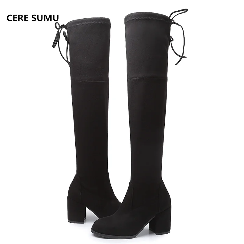 

2018 Winter Suede Leather Thigh Booties 7.5cm High Heels Shoes for Woman Over The Knee High Boots Women Ladies Overknee Boots
