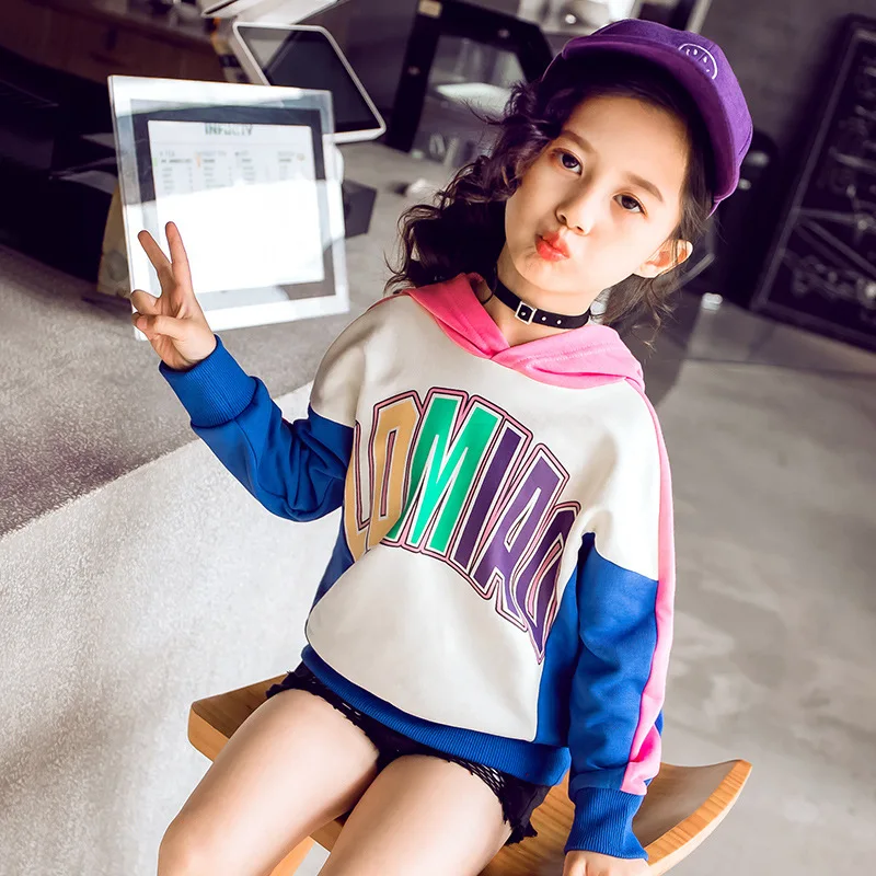 

Girls foreign color color hooded pullover sweater 2019 new spring children's children's Korean version of the loose spring shirt