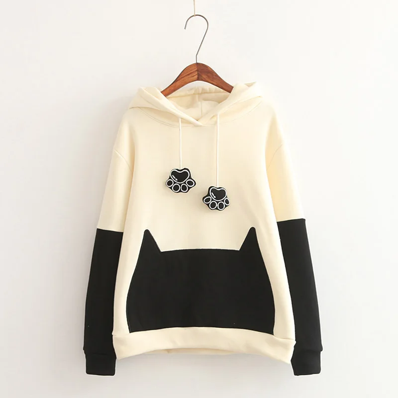 2018 Women Hoodies Lovable Paws Cat Patchwork Hoodies Harajuku Cute