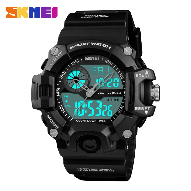 

SKMEI 1331 Men Quartz Dual Display Digital Watch Waterproof 3 Time Count Down 12/24 Hour Chrono Week Back Light Wristwatches