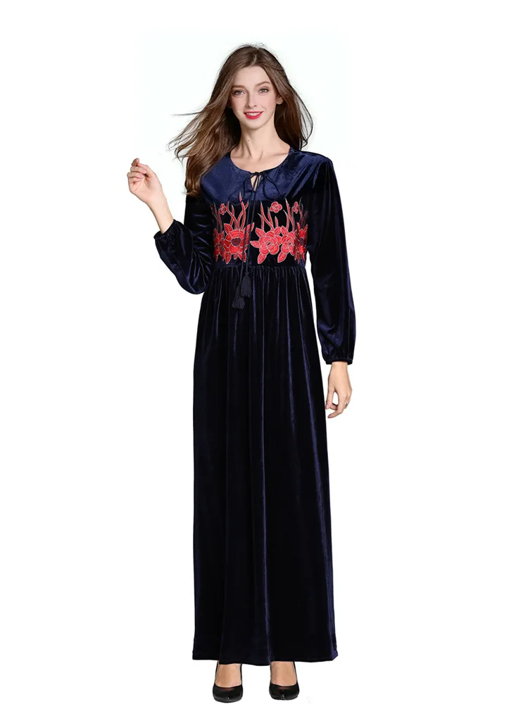 2019 Модное Новое мусульманское длинное платье для девочки вышитое Золотое бархатное длинное платье этнический стиль халат