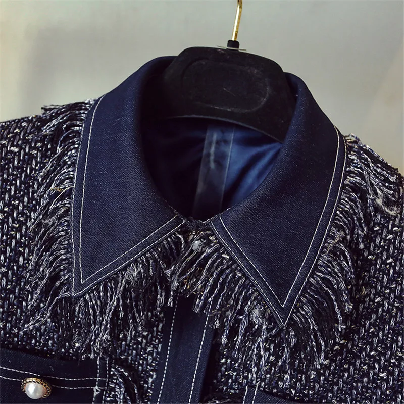 Роскошная дизайнерская брендовая куртка для женщин модная джинсовая строчка сапфировый синий мульти карман кисточкой твидовое пальто