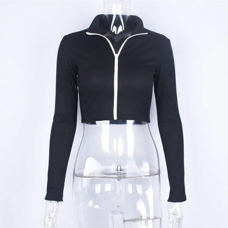 2019 Spring Autumn Zip Up Long Sleeve Crop Tops Sexy Women Casual Leotard Short T-Shirt Woman Fashion Streetwear Leisure Shirt