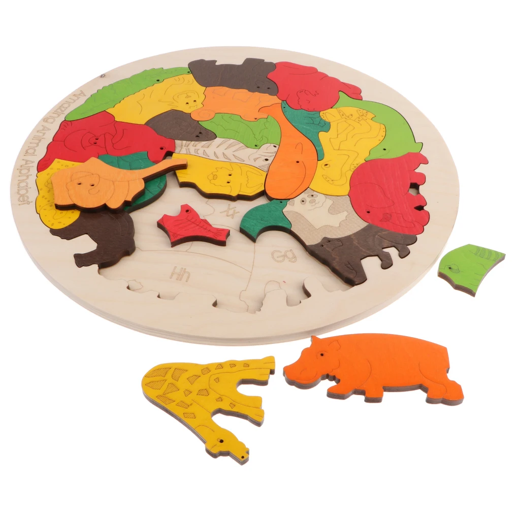 Wooden Round Animals Puzzles Alphabet Jigsaw for Kids Early Learning Educational Toy