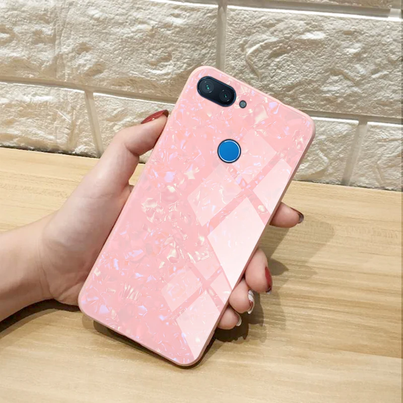 

Bling Glossy Tempered Glass Back Case Cover Anti-Scratch Soft TPU Bumper Frame Protective Shell Coque for Xiaomi Mi 8 Lite Mi8