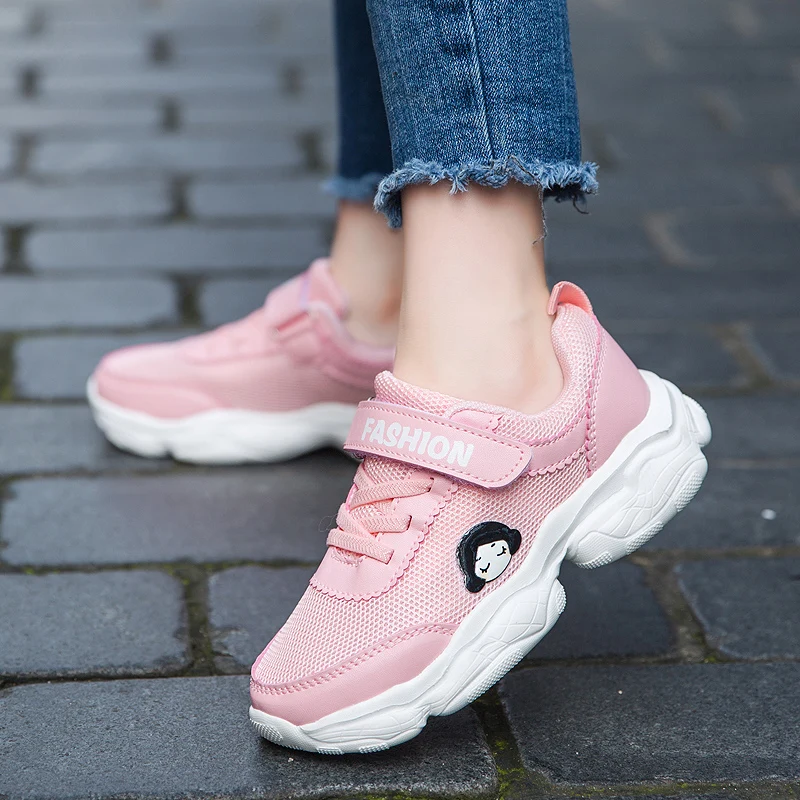 2019 летние новые стильные дышащие кроссовки для девочек детские кроссовки для бега детская спортивная обувь легкие Тренеры милые розовые