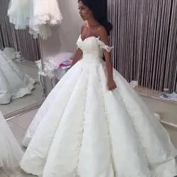 С открытыми плечами Vestido De Noiva 2019 мусульманские свадебные платья бальное платье кружево бисером Boho пышные Дубай арабское свадебное платье