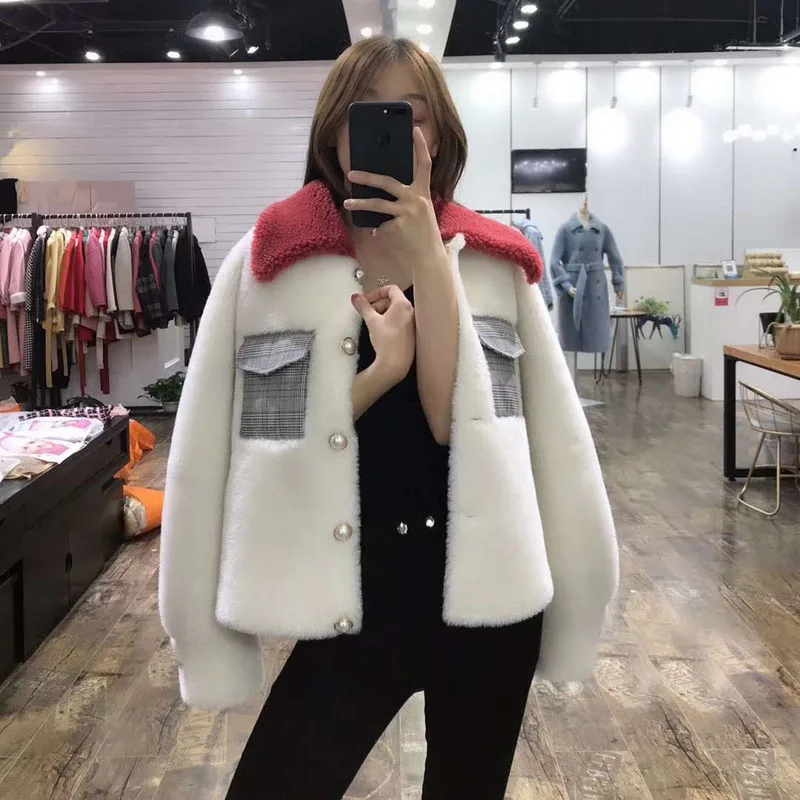 

sheep fur coat female winter short jacket Pearl buttons and Cloth bag overcoat turn-down collar clothing Plus size wool blends